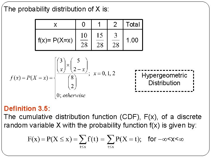 The probability distribution of X is: x f(x)= P(X=x) 0 1 2 Total 1.