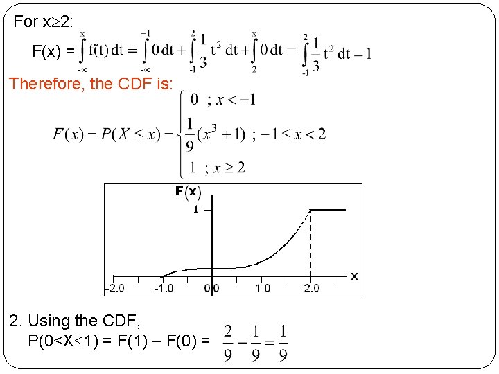For x 2: F(x) = Therefore, the CDF is: 2. Using the CDF, P(0<X