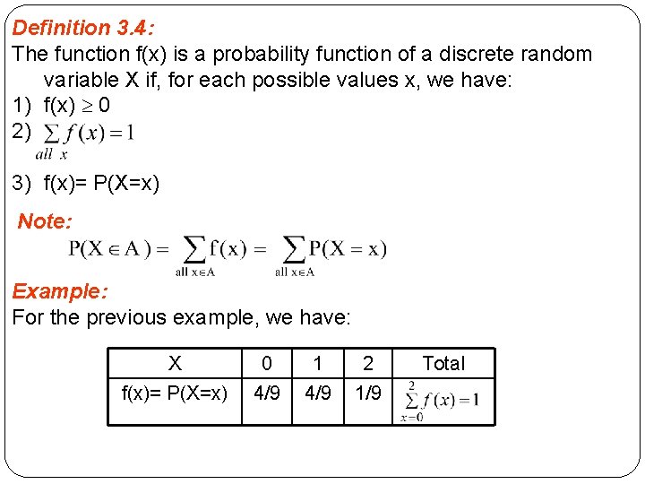Definition 3. 4: The function f(x) is a probability function of a discrete random