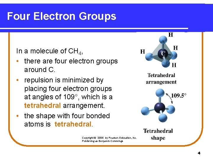 Four Electron Groups In a molecule of CH 4, • there are four electron