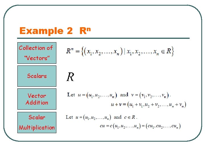 Example 2 Rn Collection of “Vectors” Scalars Vector Addition Scalar Multiplication 