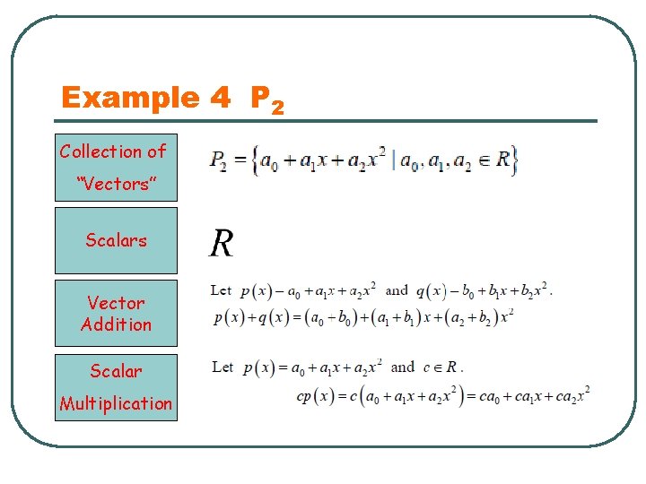 Example 4 P 2 Collection of “Vectors” Scalars Vector Addition Scalar Multiplication 