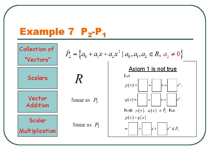 Example 7 P 2 -P 1 Collection of “Vectors” Axiom 1 is not true