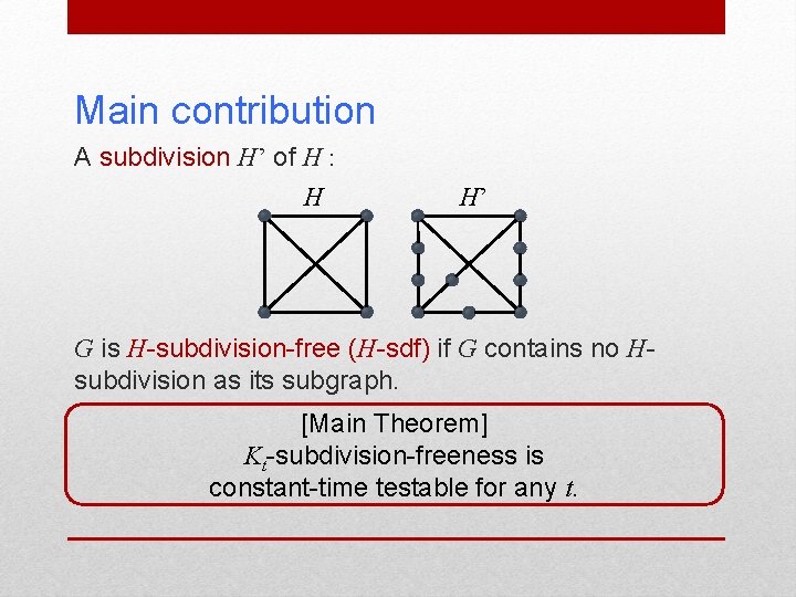 Main contribution A subdivision H’ of H : H H’ G is H-subdivision-free (H-sdf)