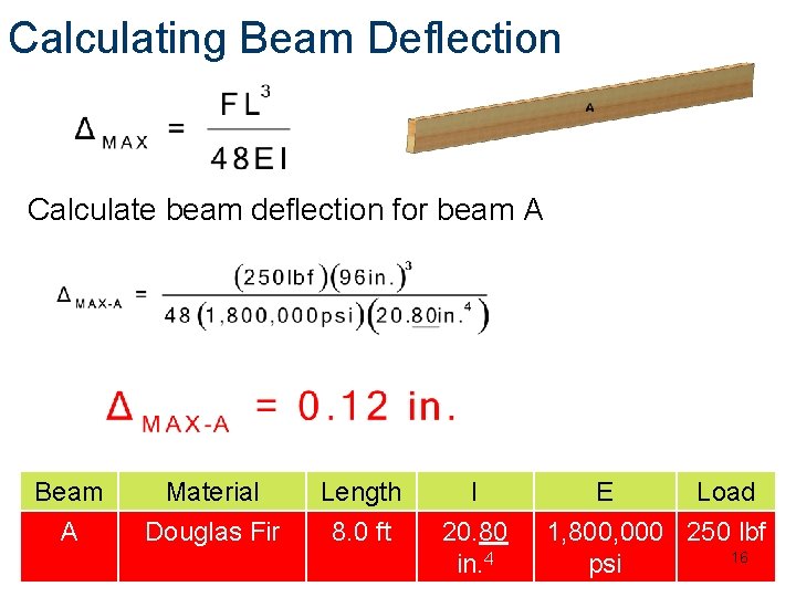 Calculating Beam Deflection Calculate beam deflection for beam A Beam A Material Douglas Fir