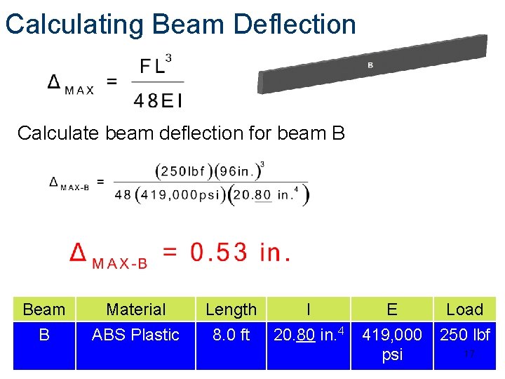 Calculating Beam Deflection Calculate beam deflection for beam B Beam B Material ABS Plastic