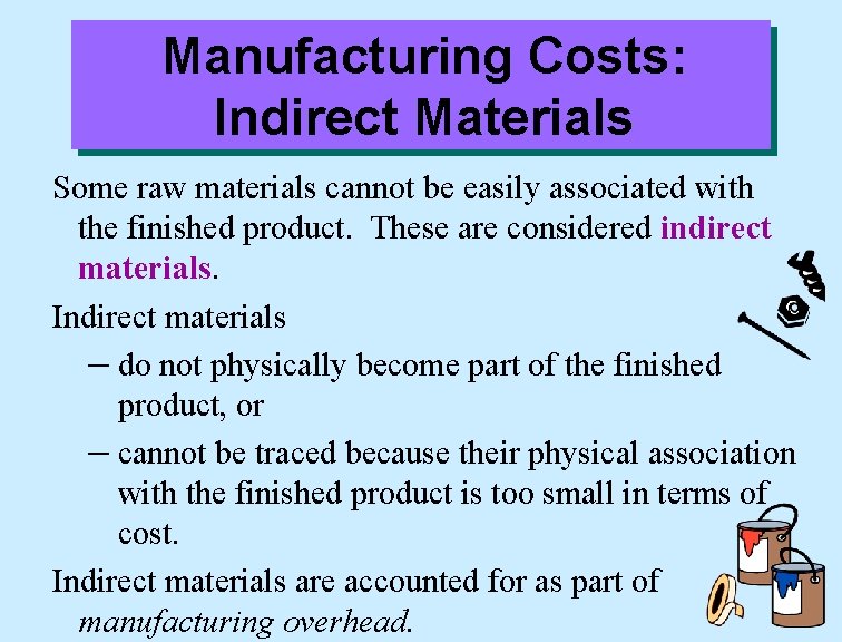 Manufacturing Costs: Indirect Materials Some raw materials cannot be easily associated with the finished