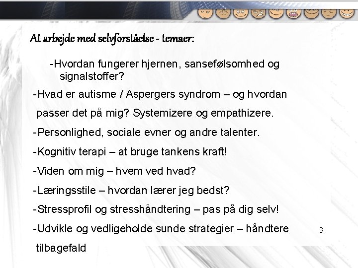 At arbejde med selvforståelse - temaer: -Hvordan fungerer hjernen, sansefølsomhed og signalstoffer? -Hvad er