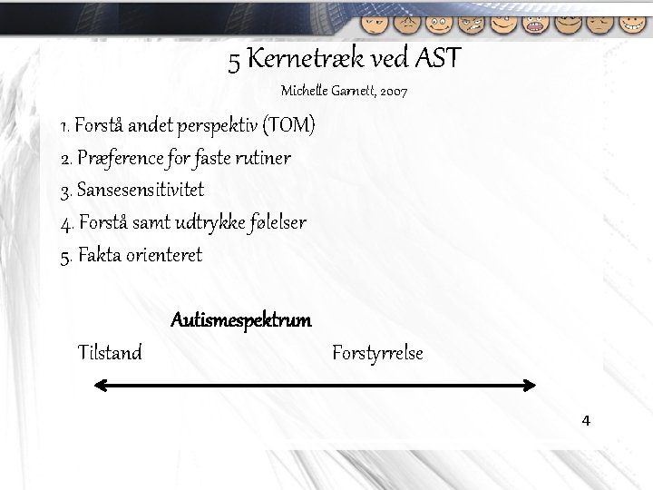 5 Kernetræk ved AST Michelle Garnett, 2007 1. Forstå andet perspektiv (TOM) 2. Præference