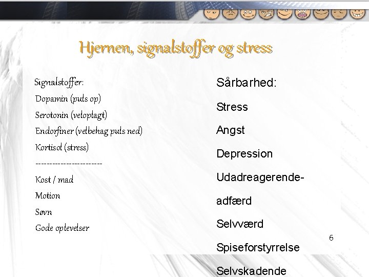 Hjernen, signalstoffer og stress Signalstoffer: • Dopamin (puls op) • Serotonin (veloplagt) • Endorfiner