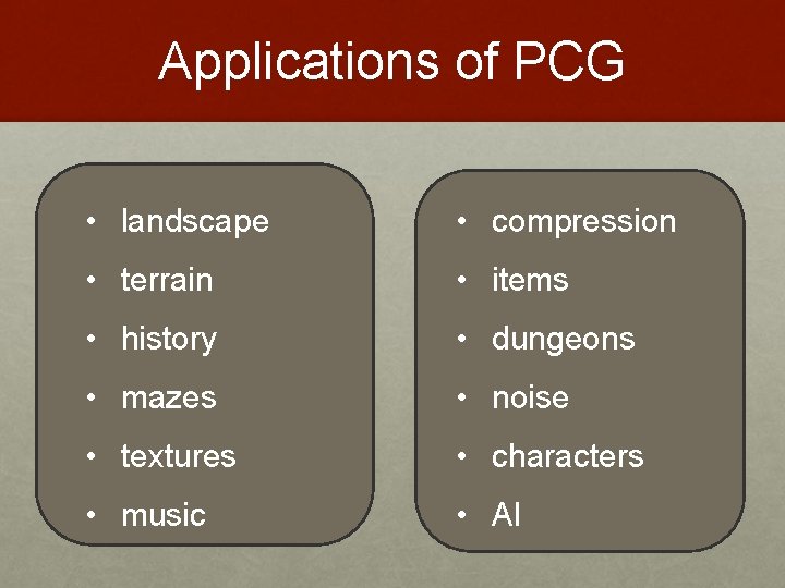 Applications of PCG • landscape • compression • terrain • items • history •