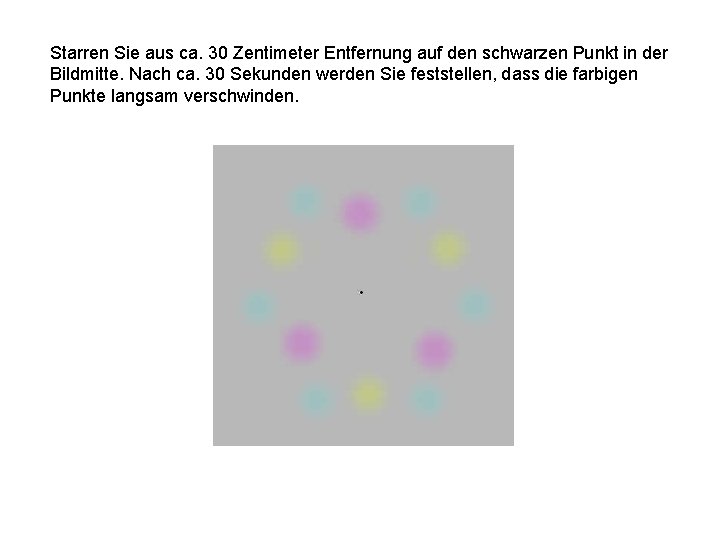 Starren Sie aus ca. 30 Zentimeter Entfernung auf den schwarzen Punkt in der Bildmitte.