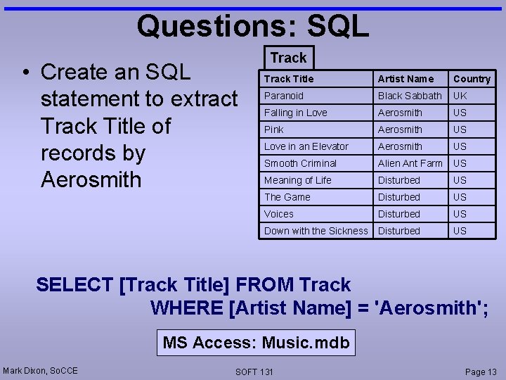 Questions: SQL • Create an SQL statement to extract Track Title of records by