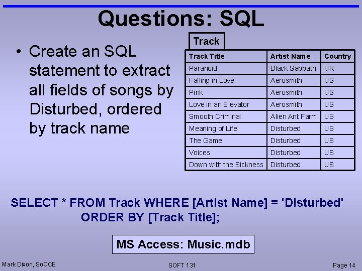 Questions: SQL • Create an SQL statement to extract all fields of songs by