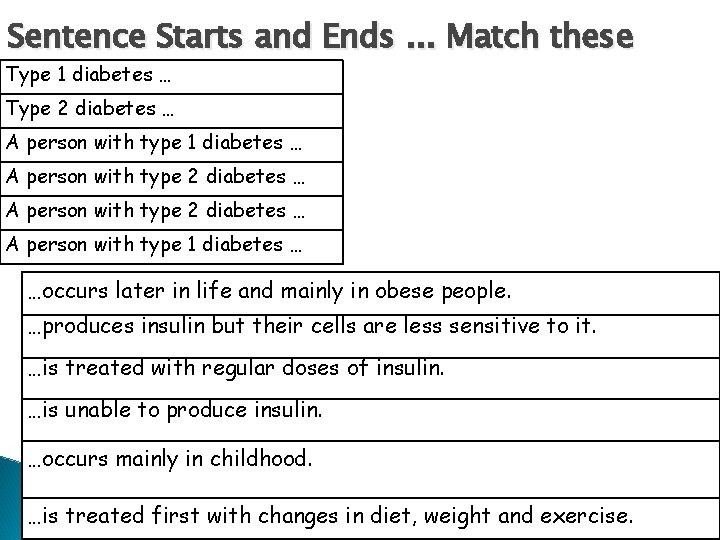 Sentence Starts and Ends. . . Match these Type 1 diabetes … Type 2