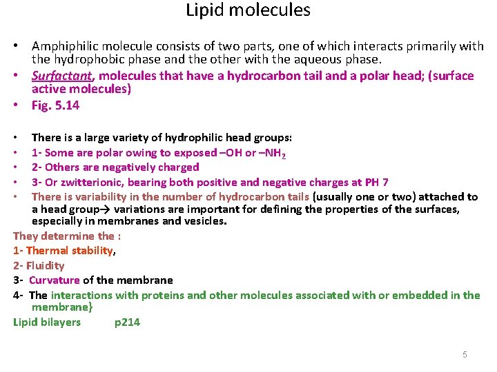 Lipid molecules • Amphiphilic molecule consists of two parts, one of which interacts primarily