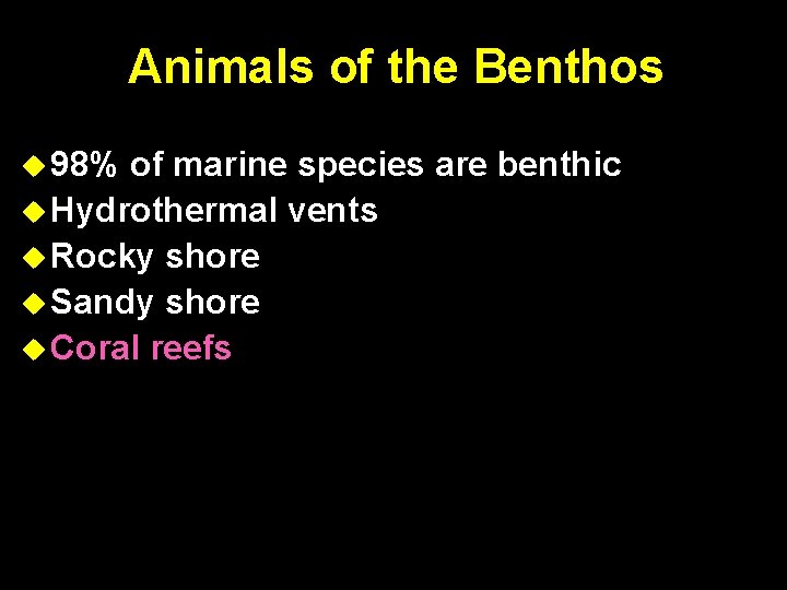 Animals of the Benthos 98% of marine species are benthic Hydrothermal vents Rocky shore