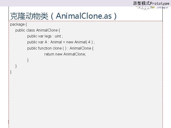 原型模式Prototype 克隆动物类（Animal. Clone. as） package { public class Animal. Clone { public var legs