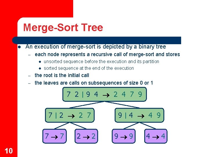 Merge-Sort Tree l An execution of merge-sort is depicted by a binary tree –