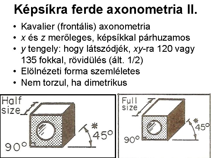 Képsíkra ferde axonometria II. • Kavalier (frontális) axonometria • x és z merőleges, képsíkkal