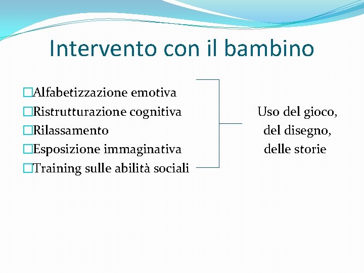 Intervento con il bambino �Alfabetizzazione emotiva �Ristrutturazione cognitiva �Rilassamento �Esposizione immaginativa �Training sulle abilità