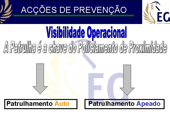 ACÇÕES DE PREVENÇÃO Patrulhamento Auto Patrulhamento Apeado 