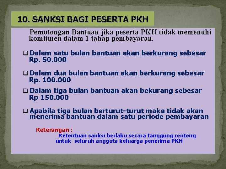 10. SANKSI BAGI PESERTA PKH Pemotongan Bantuan jika peserta PKH tidak memenuhi komitmen dalam