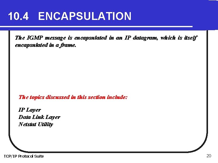 10. 4 ENCAPSULATION The IGMP message is encapsulated in an IP datagram, which is