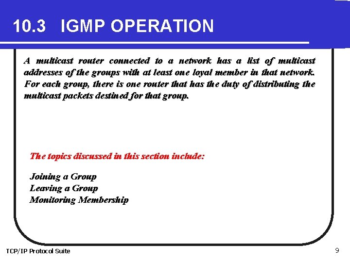 10. 3 IGMP OPERATION A multicast router connected to a network has a list
