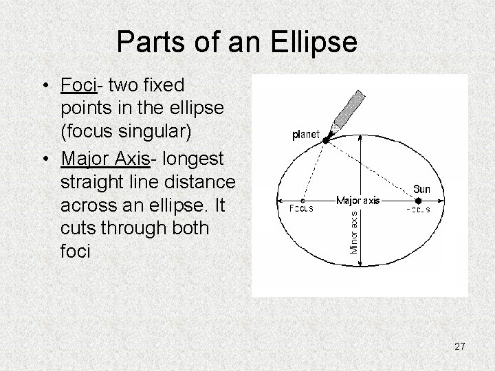Parts of an Ellipse • Foci- two fixed points in the ellipse (focus singular)