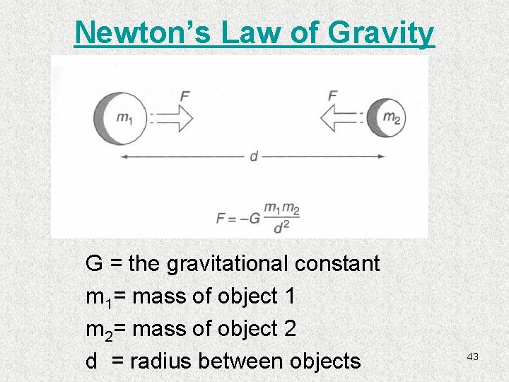 Newton’s Law of Gravity G = the gravitational constant m 1= mass of object
