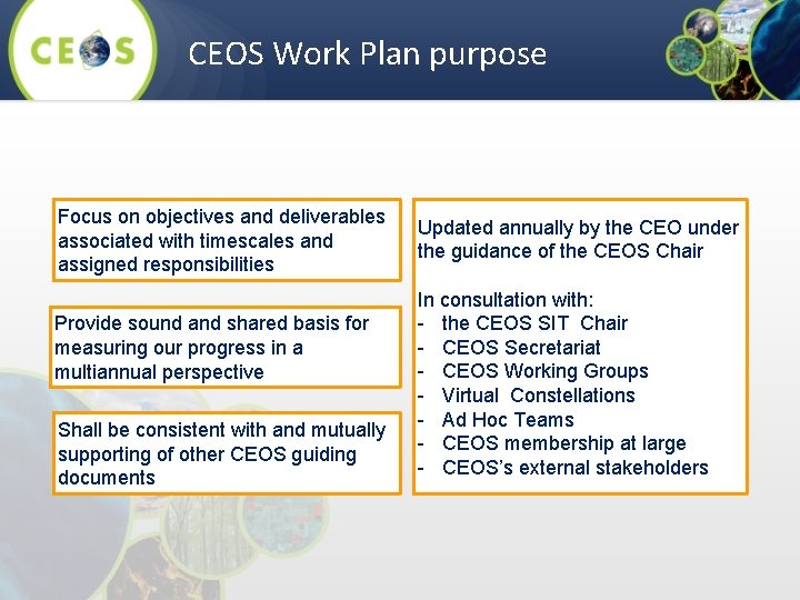 CEOS Work Plan purpose Focus on objectives and deliverables associated with timescales and assigned