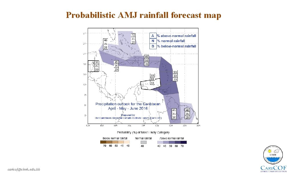 Probabilistic AMJ rainfall forecast map caricof@cimh. edu. bb 
