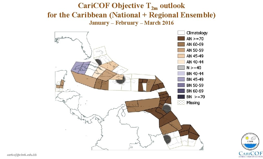 Cari. COF Objective T 2 m outlook for the Caribbean (National + Regional Ensemble)