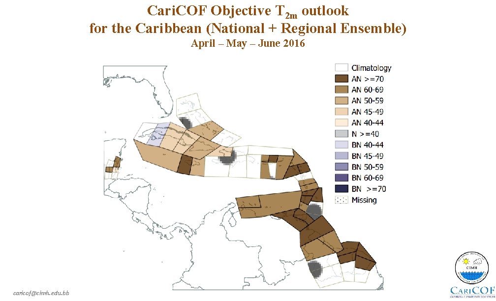 Cari. COF Objective T 2 m outlook for the Caribbean (National + Regional Ensemble)