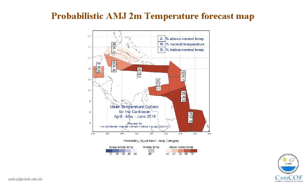 Probabilistic AMJ 2 m Temperature forecast map caricof@cimh. edu. bb 