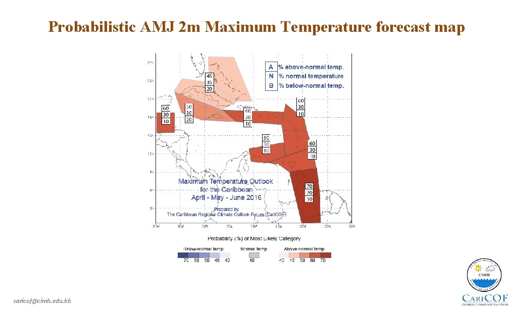 Probabilistic AMJ 2 m Maximum Temperature forecast map caricof@cimh. edu. bb 