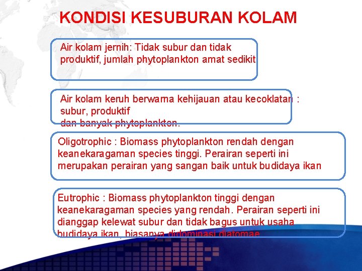 KONDISI KESUBURAN KOLAM Air kolam jernih: Tidak subur dan tidak produktif, jumlah phytoplankton amat