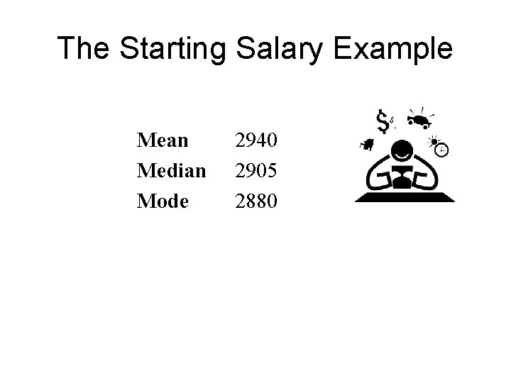 The Starting Salary Example Mean Median Mode 2940 2905 2880 