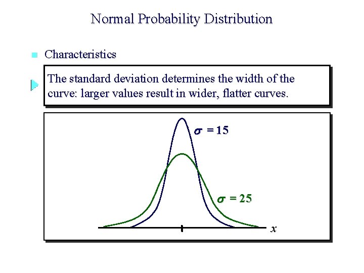 Normal Probability Distribution n Characteristics The standard deviation determines the width of the curve: