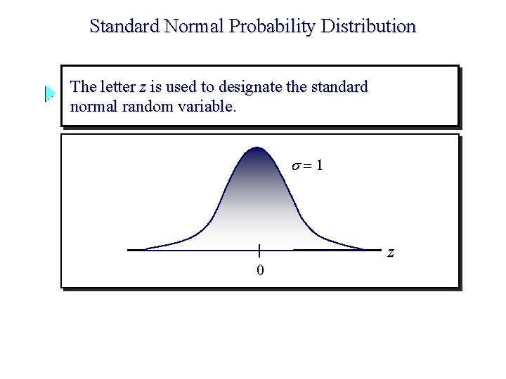 Standard Normal Probability Distribution The letter z is used to designate the standard normal