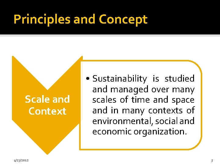 Principles and Concept Scale and Context 4/23/2012 • Sustainability is studied and managed over