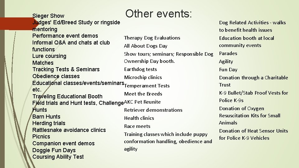 Other events: Sieger Show Judges' Ed/Breed Study or ringside mentoring Performance event demos Therapy