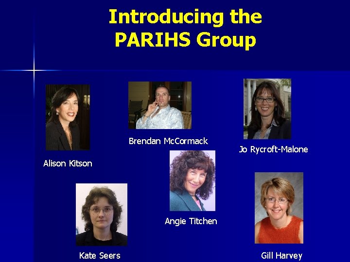 Introducing the PARIHS Group Brendan Mc. Cormack Jo Rycroft-Malone Alison Kitson Angie Titchen Kate