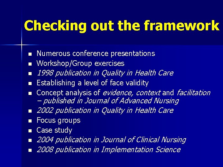 Checking out the framework n Numerous conference presentations Workshop/Group exercises n 1998 publication in