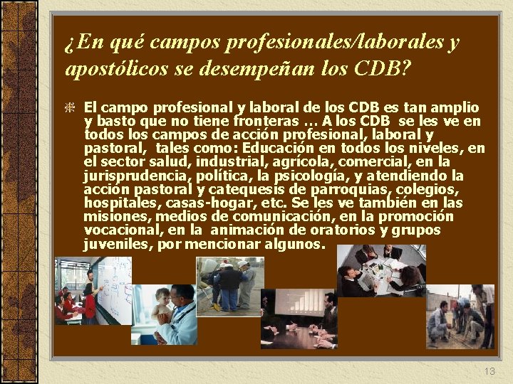 ¿En qué campos profesionales/laborales y apostólicos se desempeñan los CDB? El campo profesional y