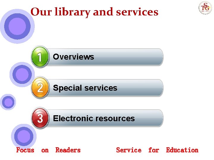 Our library and services Overviews Special services Electronic resources Focus on Readers Service for