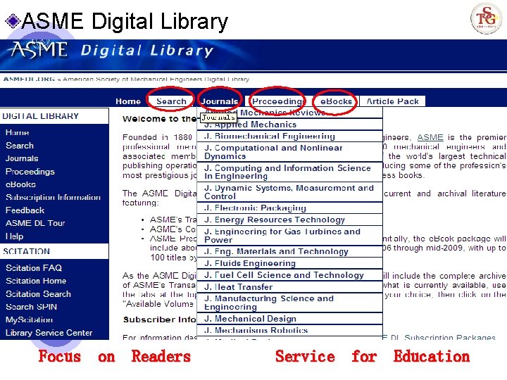 ASME Digital Library Focus on Readers Service for Education 