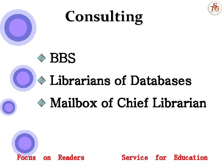 Consulting BBS Librarians of Databases Mailbox of Chief Librarian Focus on Readers Service for