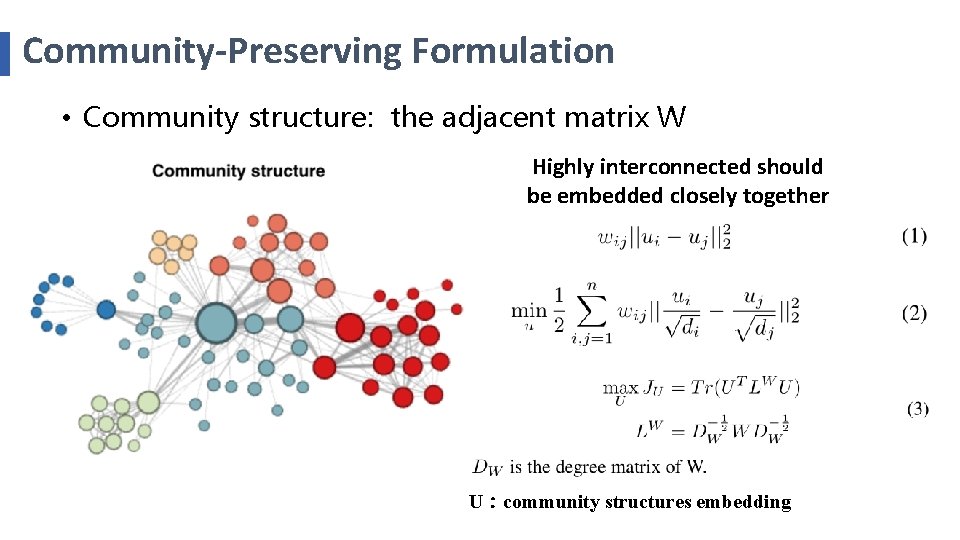 Community-Preserving Formulation • Community structure: the adjacent matrix W Highly interconnected should be embedded